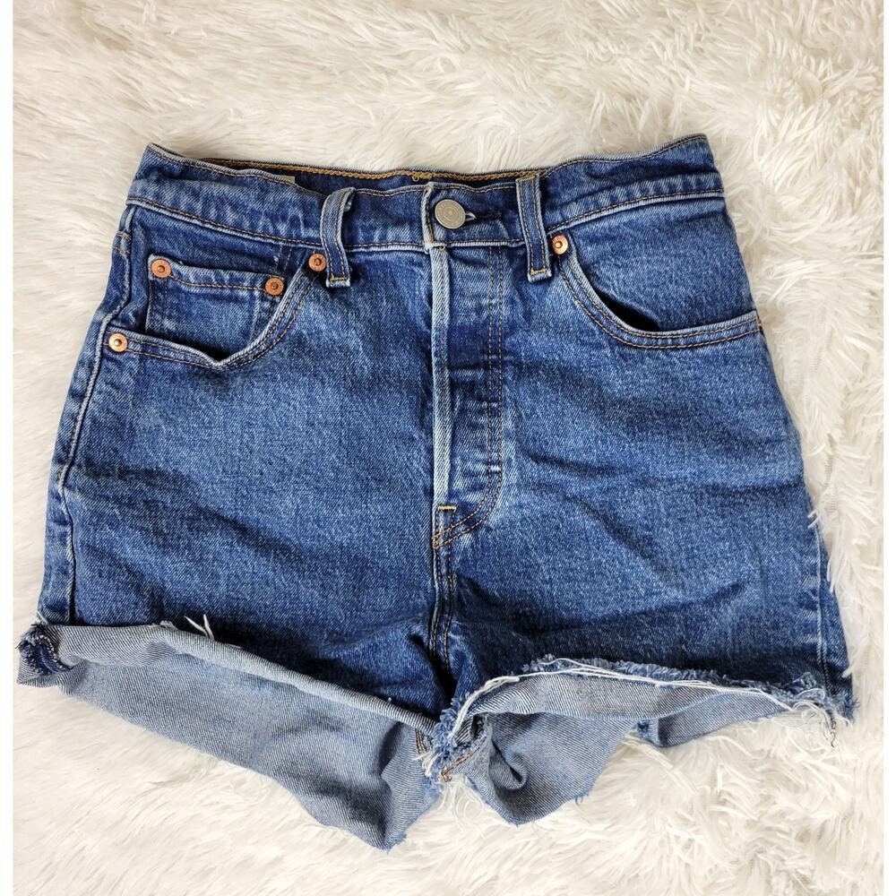 Levis Premium Ribcage Shorts Medium Wash Button Fly Denim Cut Offs Size 25